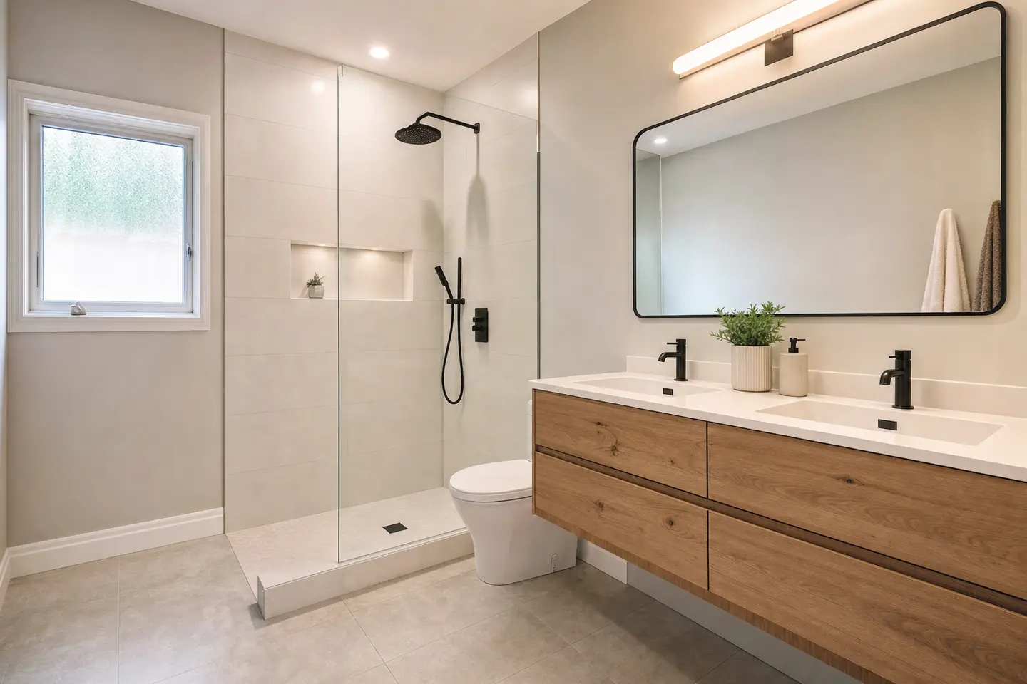 Bathroom after: A tub-and-curtain bathroom becomes a walk-in shower and double vanity, with the drains and fan sized.