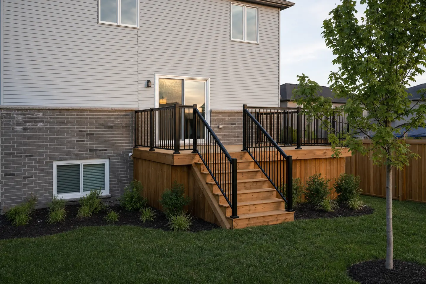 Deck after: A patio door 1.2 m above the lawn becomes a cedar deck with guards, stairs and a handrail.