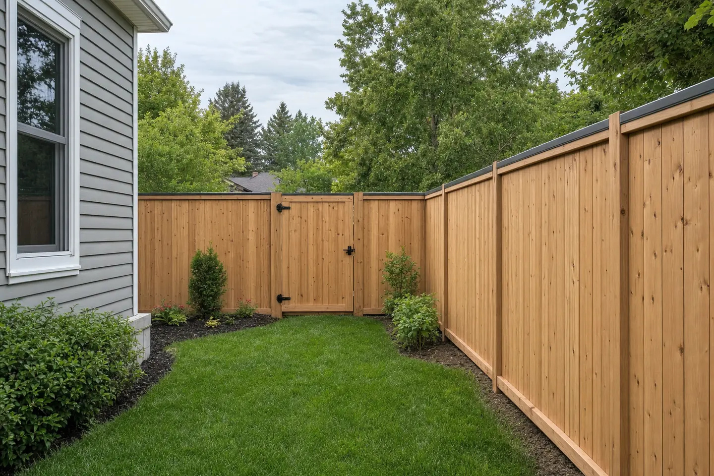 Fence after: A sagging chain-link fence becomes a cedar privacy fence, checked against the yard height limits.